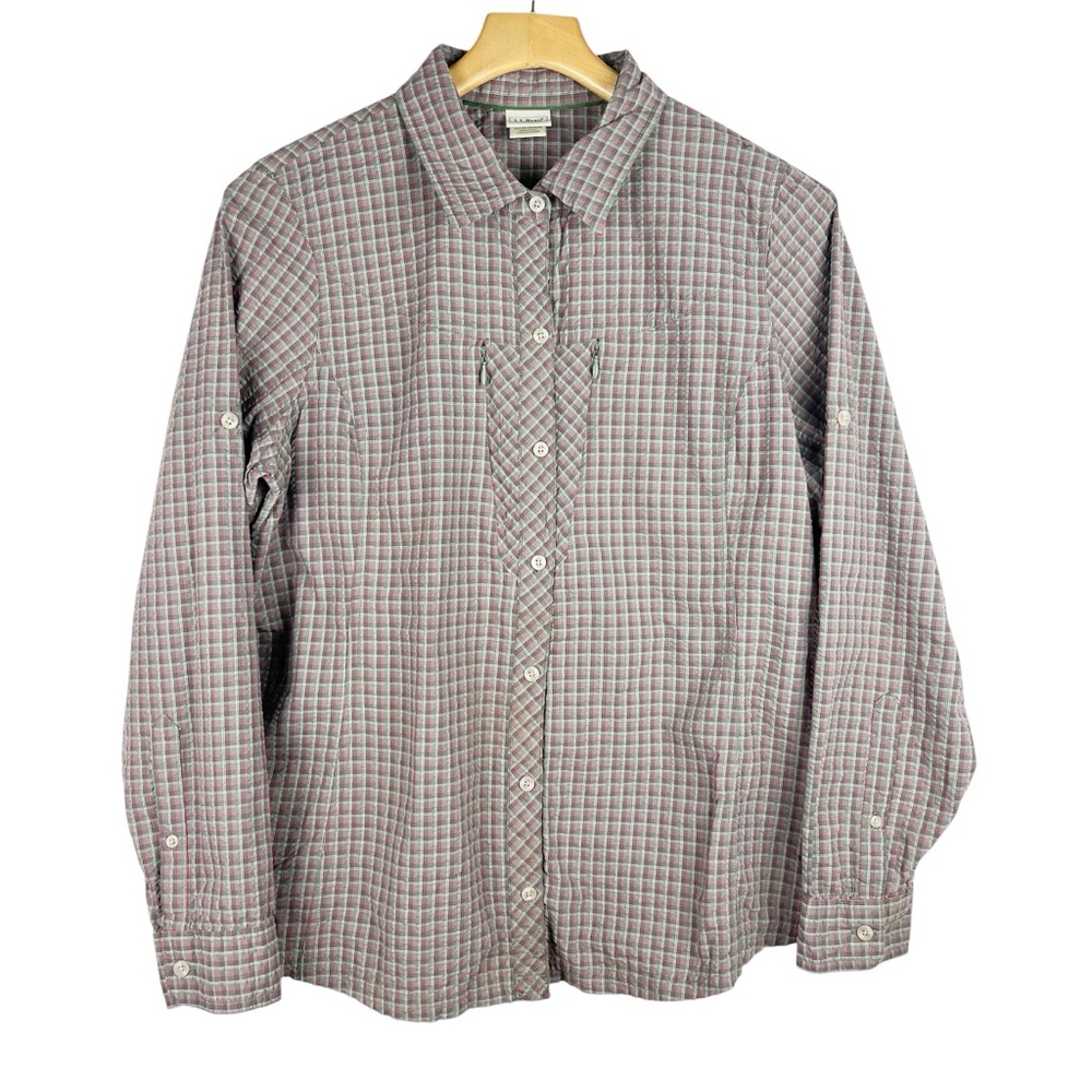 LL Bean Button Front Seersucker Roll Tab Shirt Pink Green Size Large